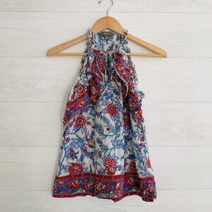 Point Sur J.Crew - Red blue floral sleeveless ruffled cotton tie neck top, sz 6